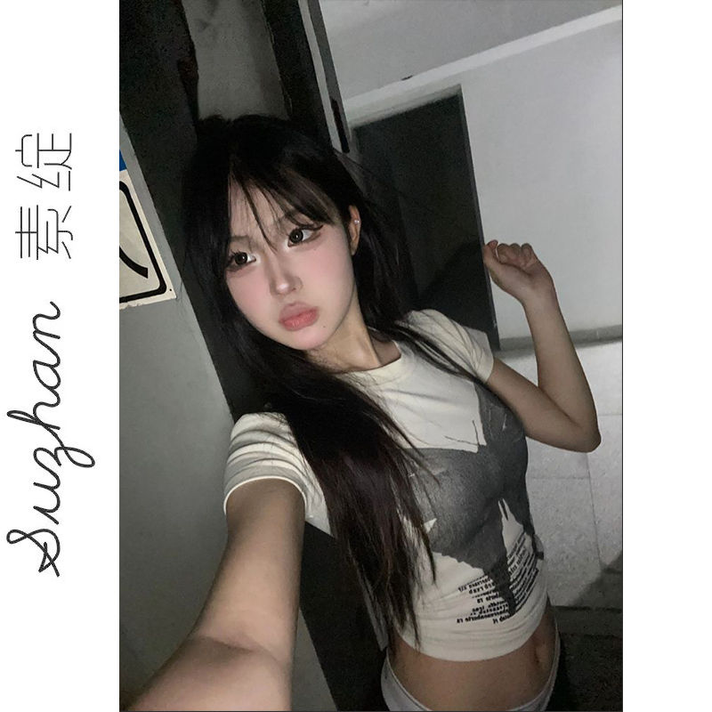 美式復古蝴蝶純棉印花短袖t恤女夏季甜酷顯瘦修身小眾設計感上衣