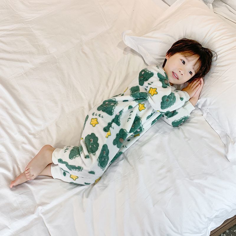 Children's baby one-piece pajamas plus velvet romper autumn and winter thickened flannel home clothes anti-kick sleeping bag 3 zippers