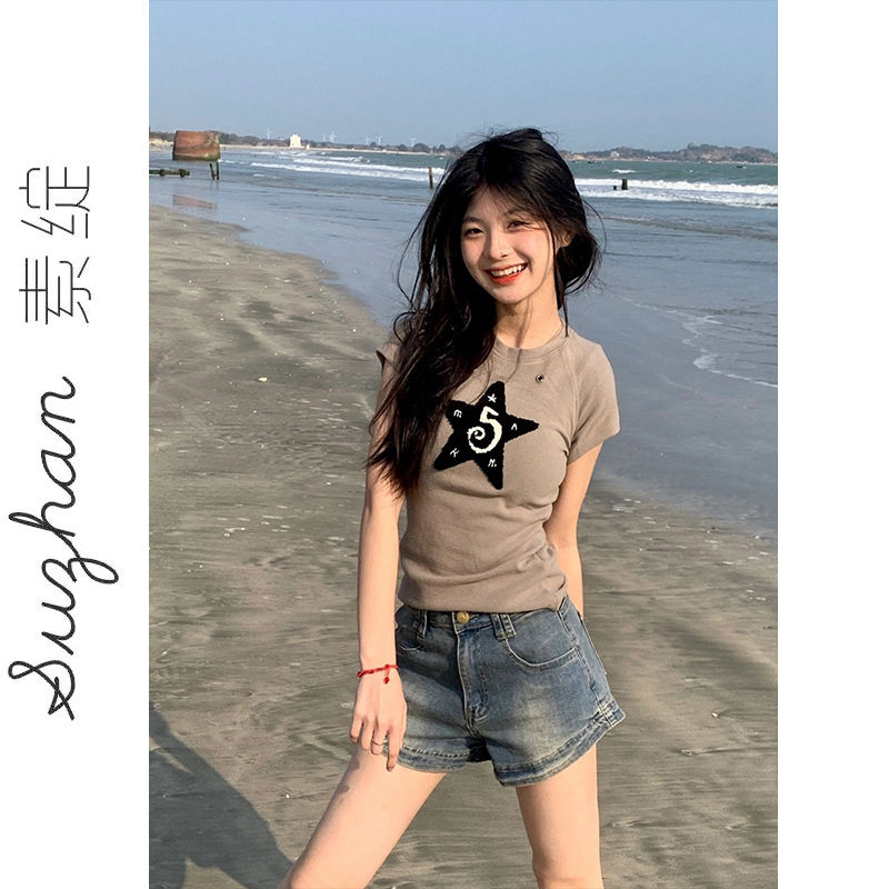 創意五角星毛巾繡莫代爾短袖t恤衫潮夏季復古chic修身百搭短上衣