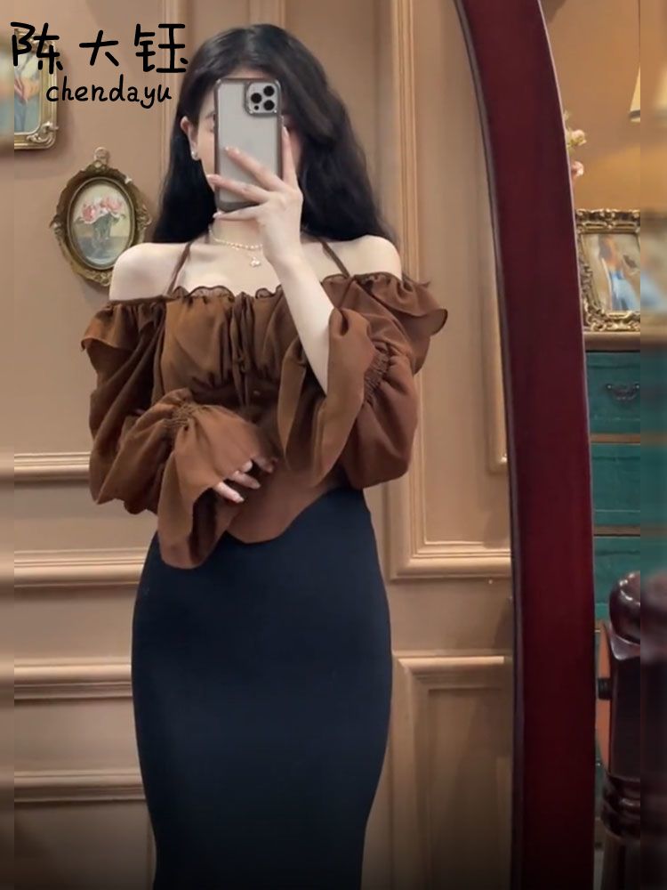 Chen Dayu 2023 new hanging neck irregular small shirt French style pure desire wind one-shoulder long-sleeved sunscreen chiffon shirt for women