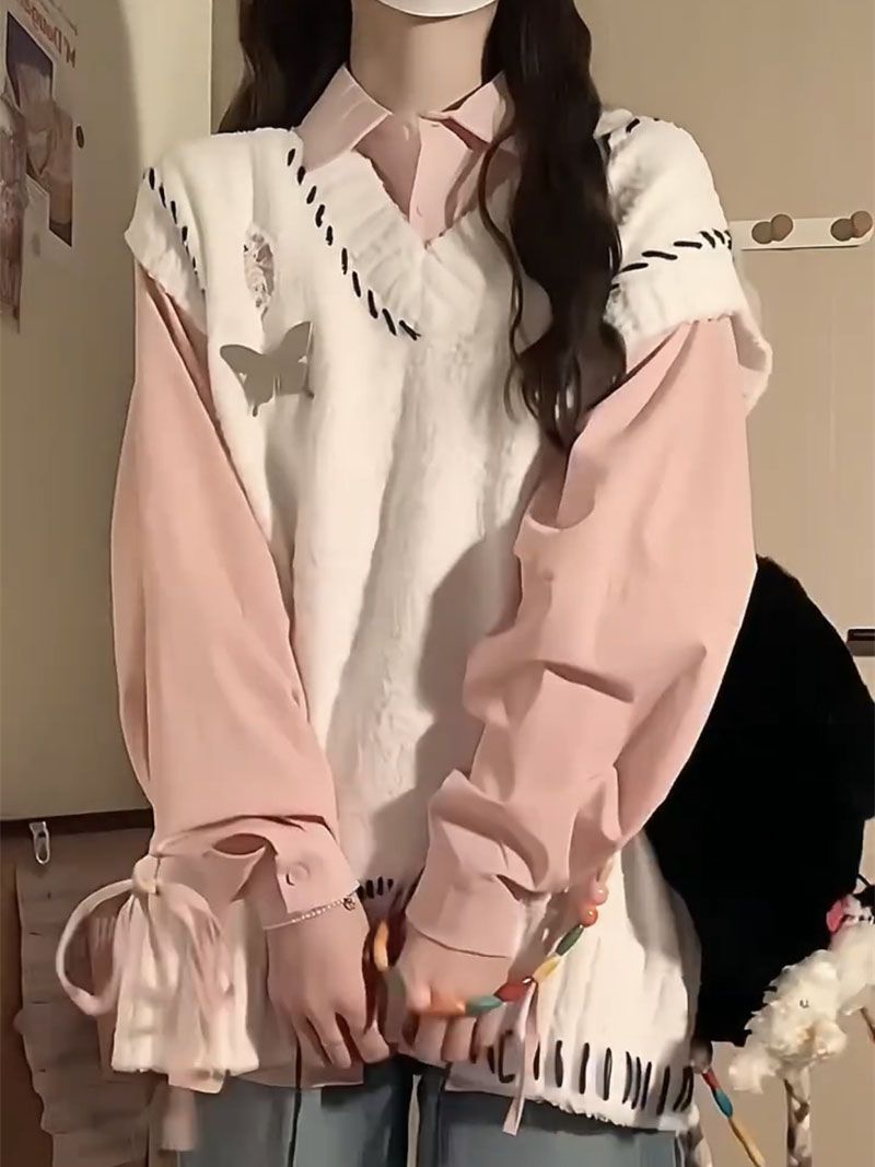 套装/单件日系纯欲风拼接针织白色马甲背心女学生ins+粉色衬衫