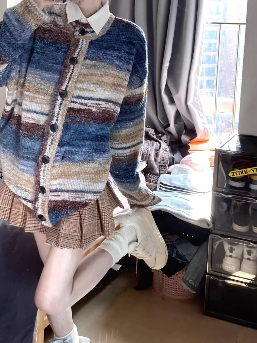 復古條紋毛衣女秋季2023新款寬鬆設計感小眾慵懶開衫針織上衣外套