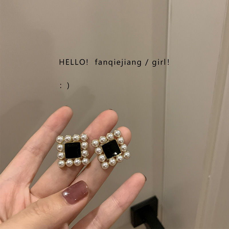 純銀耳釘高級感vintage復古氣質赫本風方形珍珠輕奢耳環女925銀針
