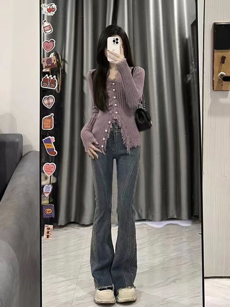 復古藍色牛仔褲女微喇叭拖地長褲毛邊不規則顯瘦修身彈力水洗潮流
