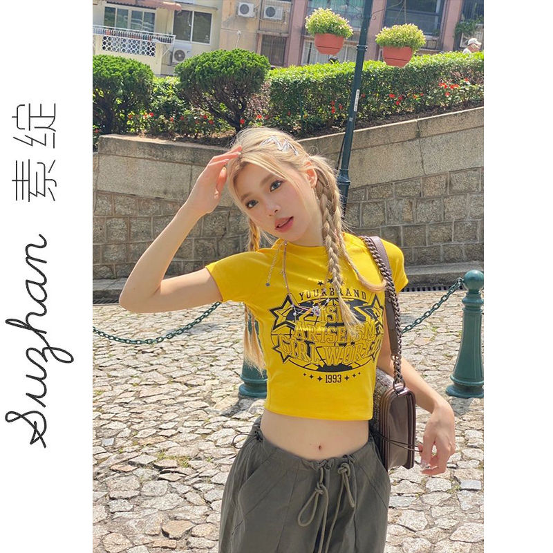 美式甜酷辣妹正肩短袖t恤夏季新款純欲風百搭印花短款露臍上衣ins