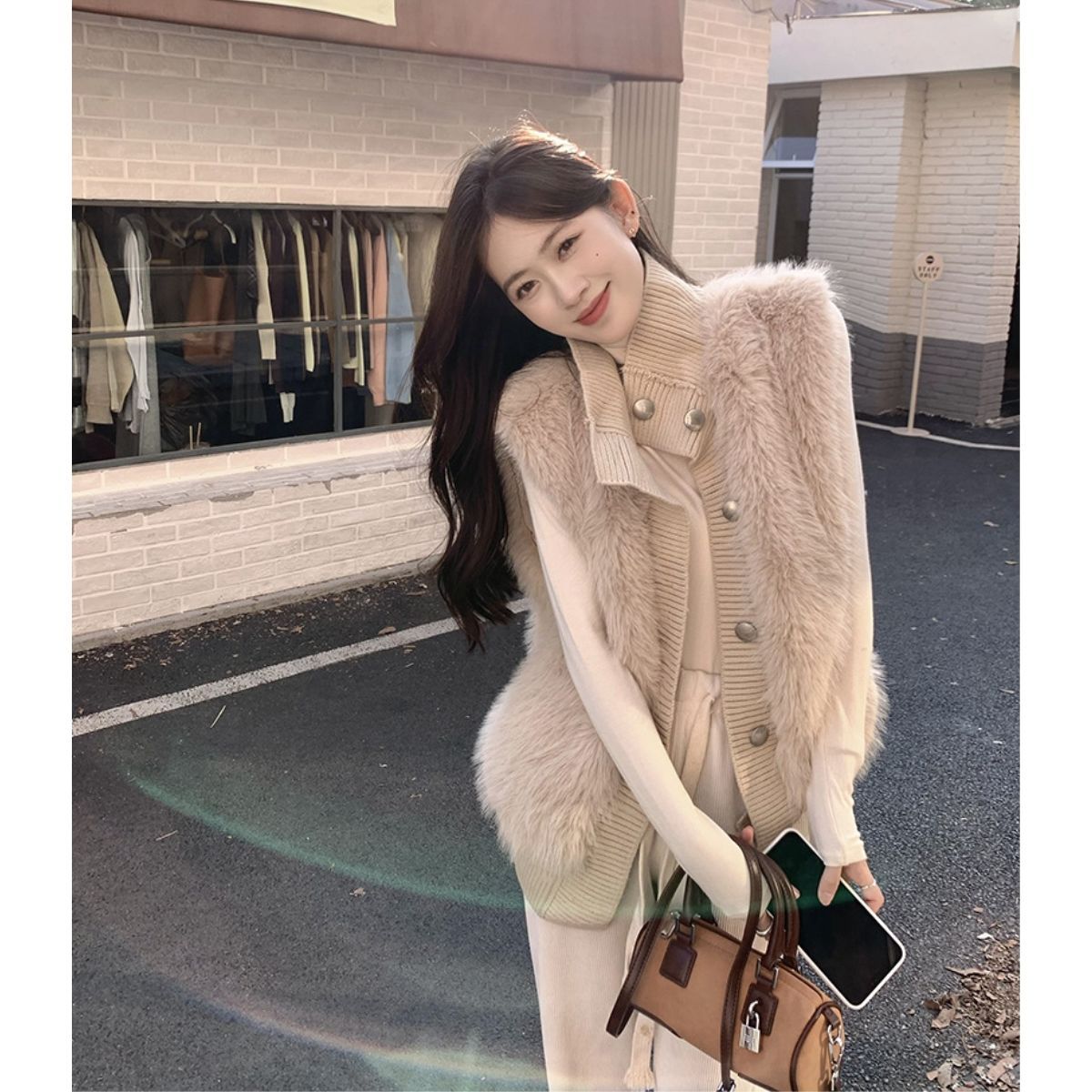  Autumn and Winter New Warm Korean Style Plush Vest Jacket Loose Stand Collar Knitted Splicing Vest Women’s Versatile