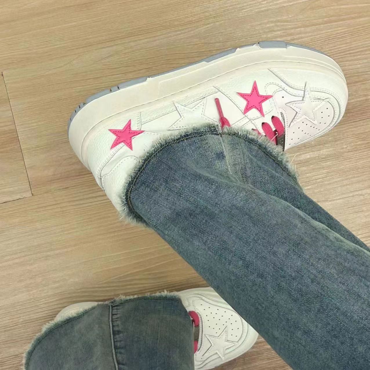 高顏值板鞋女韓版ins撞色厚底小眾設計粉色星星百搭休閒小白鞋女