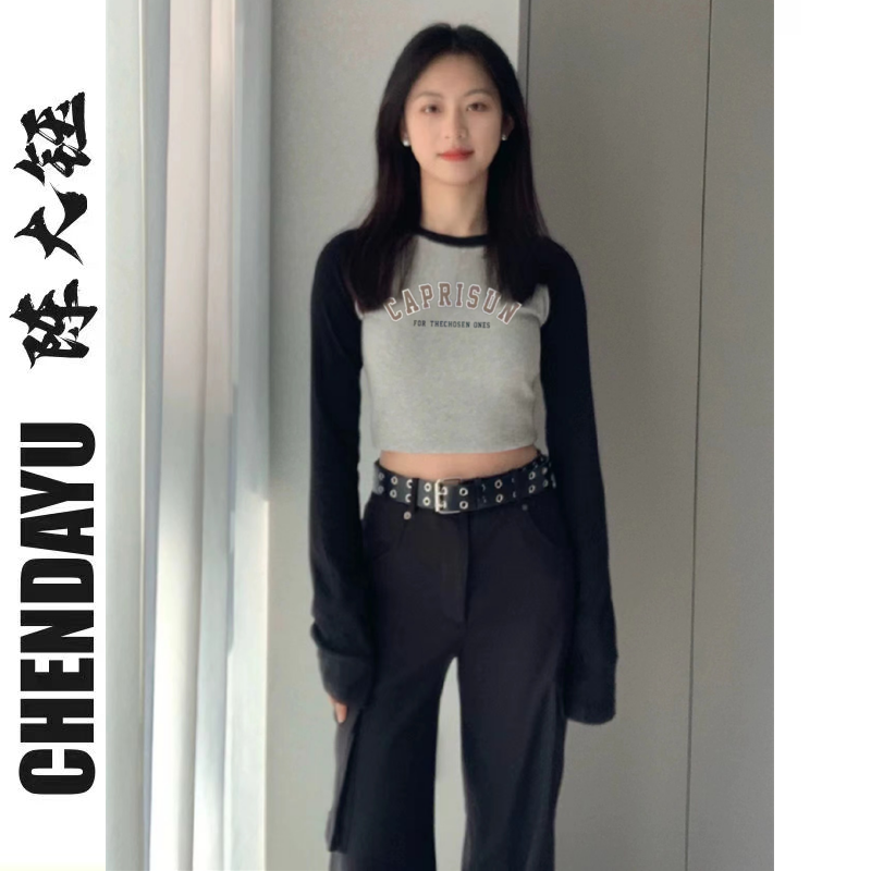 Retro short letter T-shirt women's autumn new sweet hot girl long-sleeved loose bottoming shirt design top