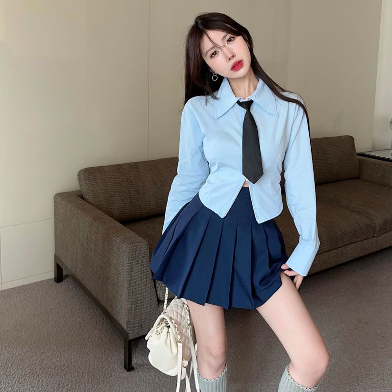設計感春秋新款上衣女純欲風翻領雙拉鏈弧形下擺長袖襯衫美式襯衣