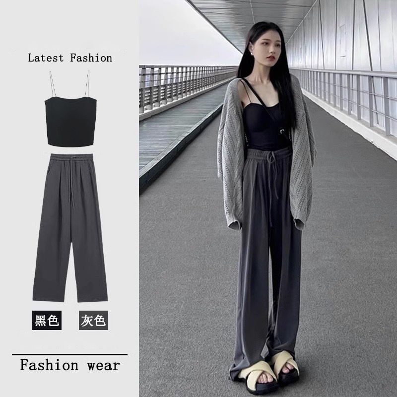 Hot girl salt style light mature style suit for women summer high-end sun protection cardigan casual wide-leg pants suspenders three-piece set