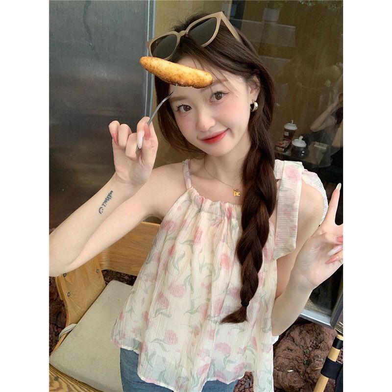甜辣法式氣質碎花掛脖綁帶無袖上衣夏季女獨特别致小吊帶外穿背心