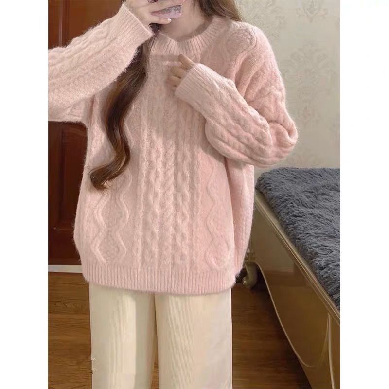 粉色奶系软糯麻花毛衣女冬季新款韩系复古甜美气质针织上衣