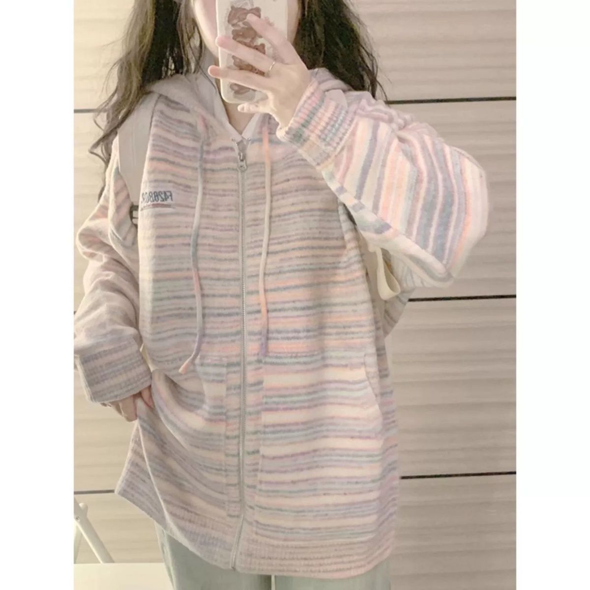 韓版溫柔風甜美粉色條紋連帽毛衣外套上衣女春秋款寬鬆顯瘦針織衫