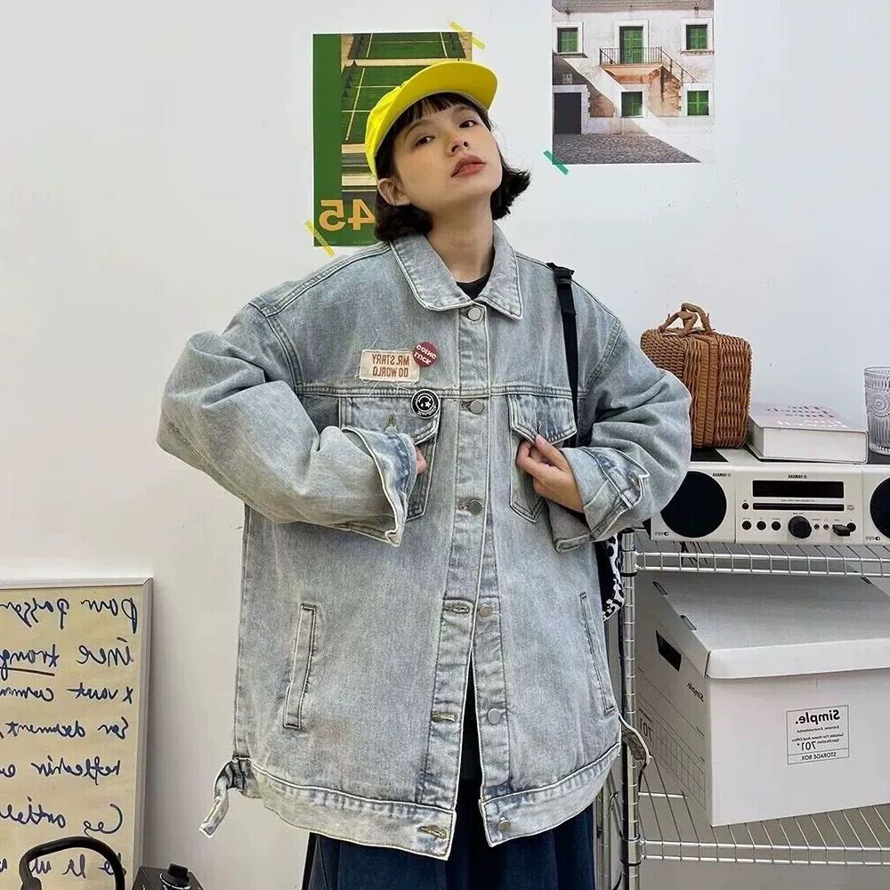 美式復古潮牌翻領春秋牛仔夾克女高街hiphop情侶百搭顯瘦炸街外套