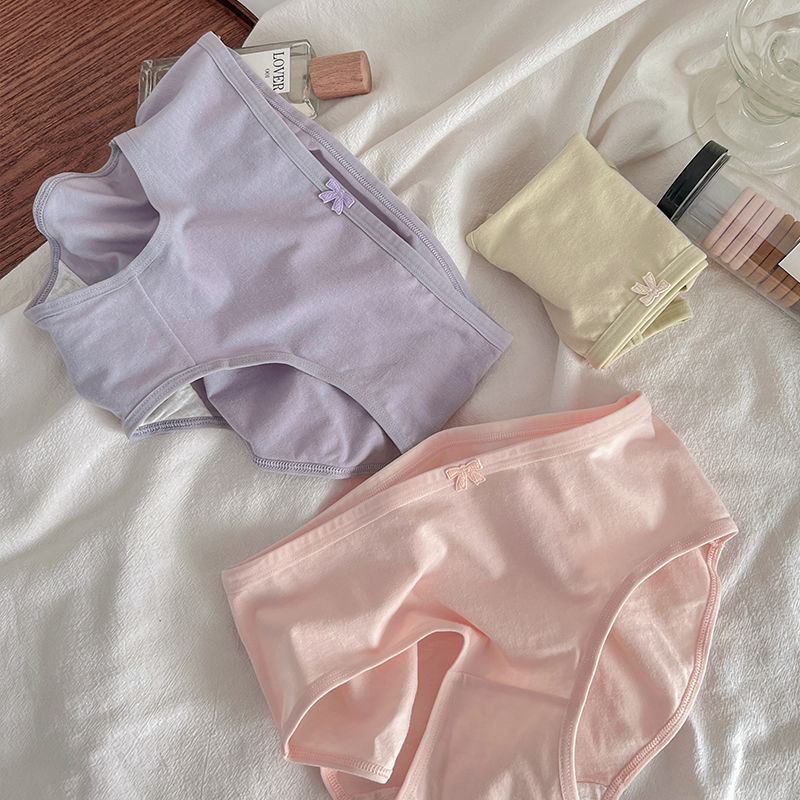Underwear for women, pure cotton, antibacterial, solid color, simple Korean version, student, Japanese girl, sweet, comfortable, breathable, hip-covering, mid-waist