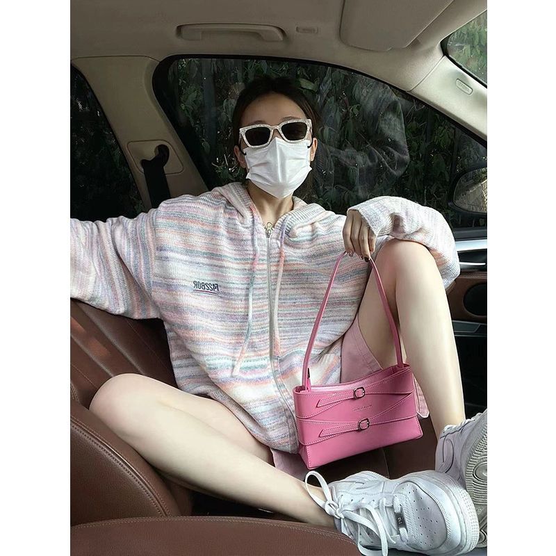 撞色條紋軟糯毛衣針織衫開衫女裝秋季新款休閒百搭慵懶風連帽外套