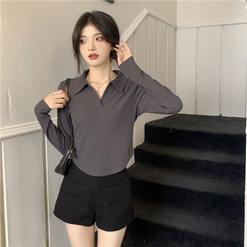 Large size bottoming shirt women's inner long-sleeved T-shirt autumn new fat MM pure desire wind shoulders slim POLO collar top
