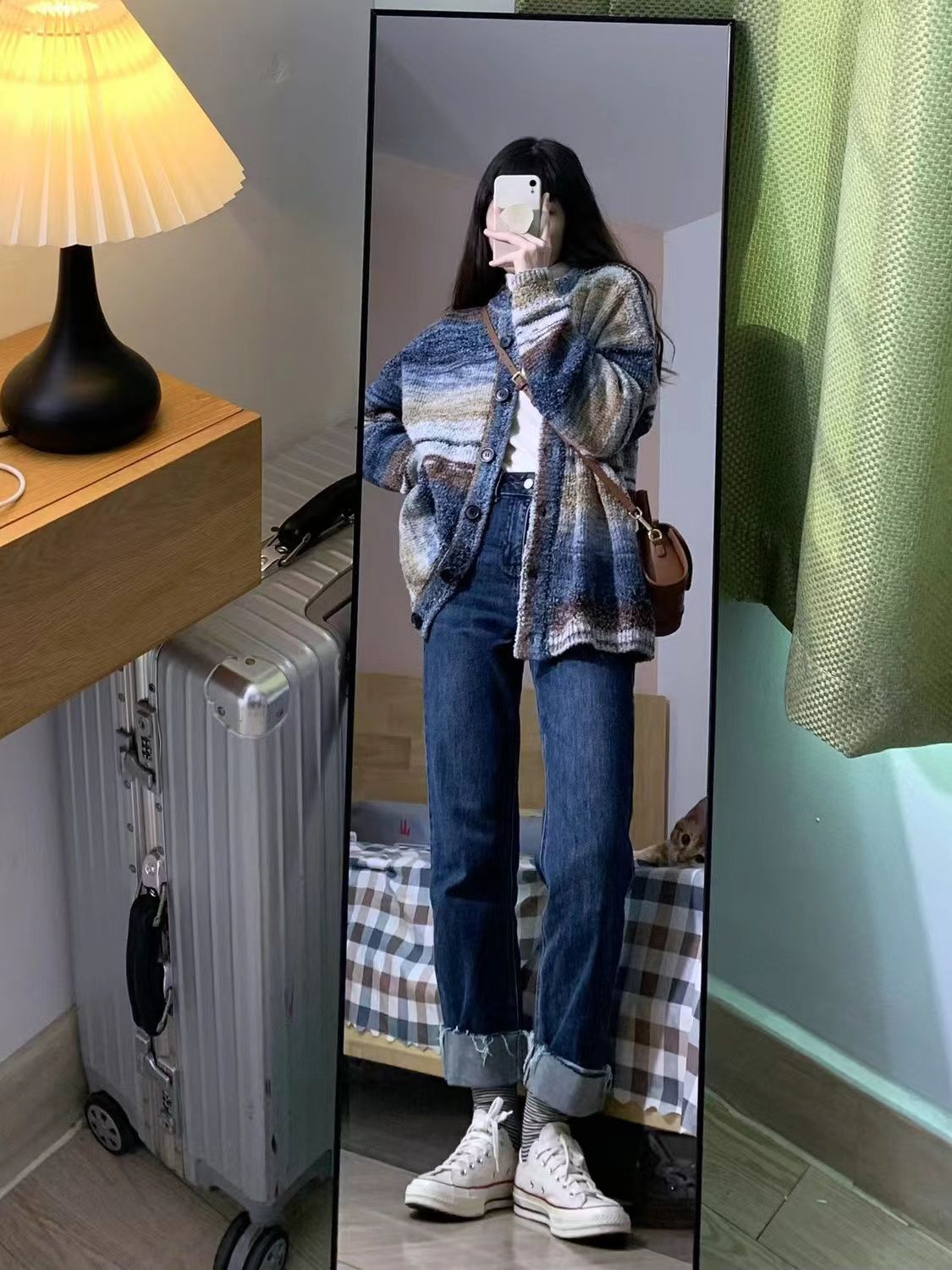 彩虹毛衣外套女春秋裝新款韓系復古寬鬆高級感慵懶風針織開衫上衣