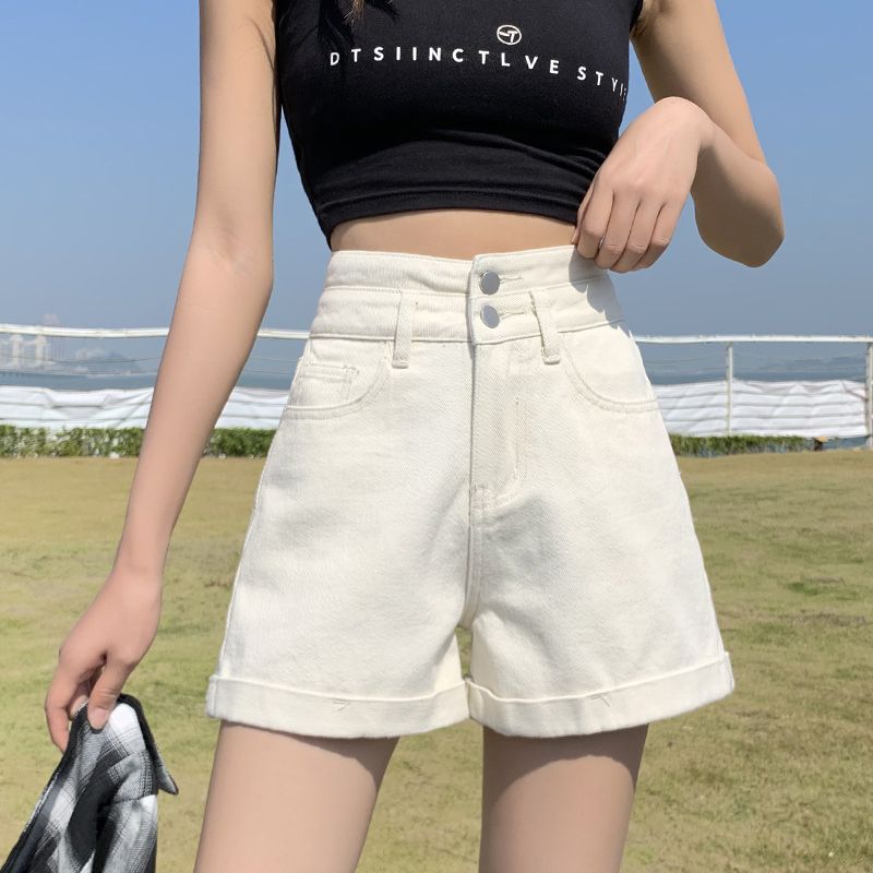 白色高腰牛仔短褲女夏季薄2023年新款網紅a字小個子寬鬆闊腿熱褲