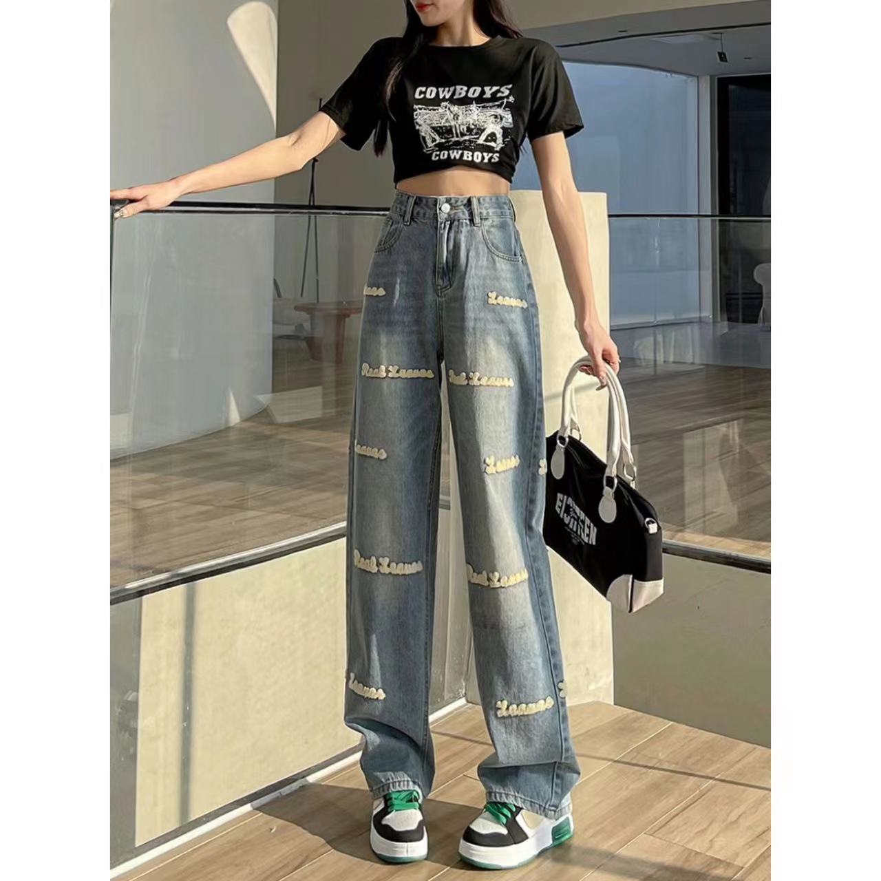 杏色牛仔褲女刺繡百搭直筒拖地長褲美式高街辣妹潮流遮肉復古洋氣