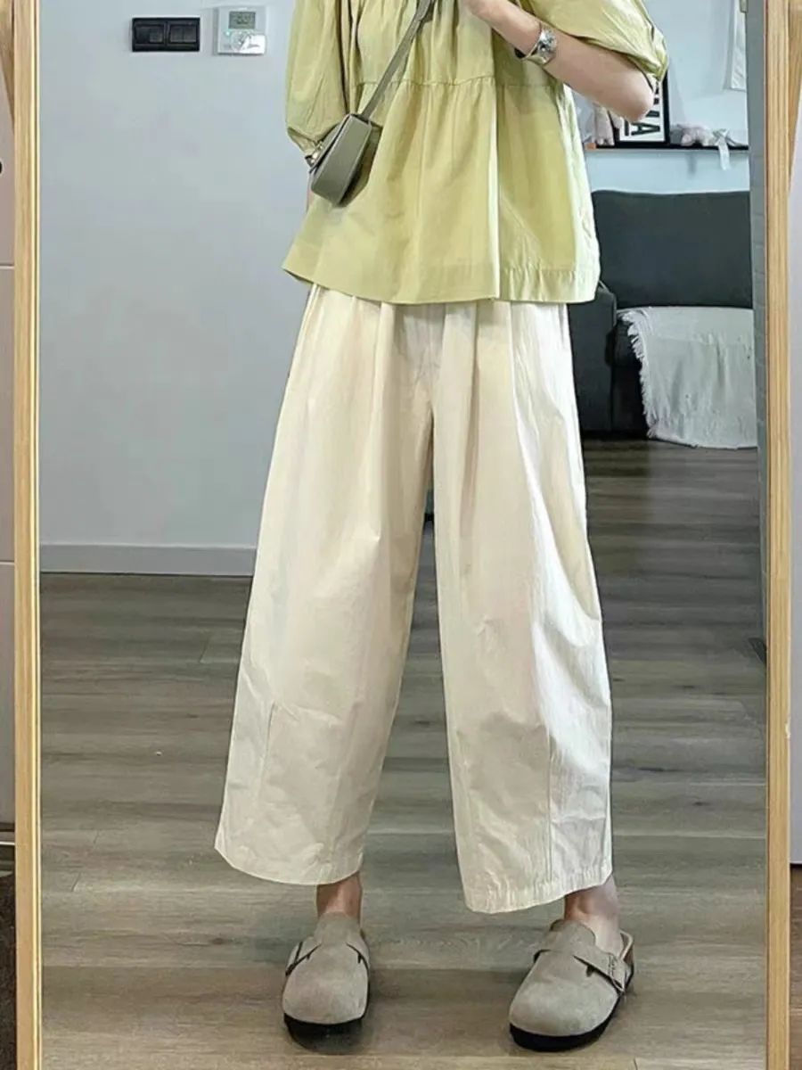 日系米白色休閒褲女夏薄款寬鬆休閒工裝闊腿褲直筒九分哈倫蘿蔔褲