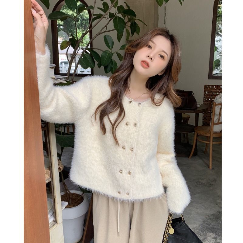 早春季新款軟糯仿水貂絨短款圓領開衫長袖針織衫高級感毛衣女外套