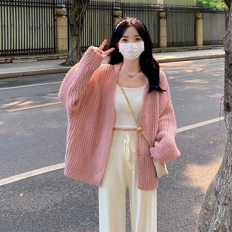 粉色毛衣外套女秋冬季慵懶寬鬆軟糯加厚V領針織開衫韓系ins風穿搭