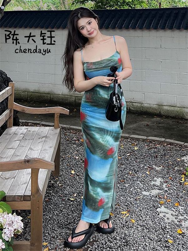 陳大鈺法式落日印花修身顯瘦純欲風超仙吊帶連衣裙韓版度假長裙子