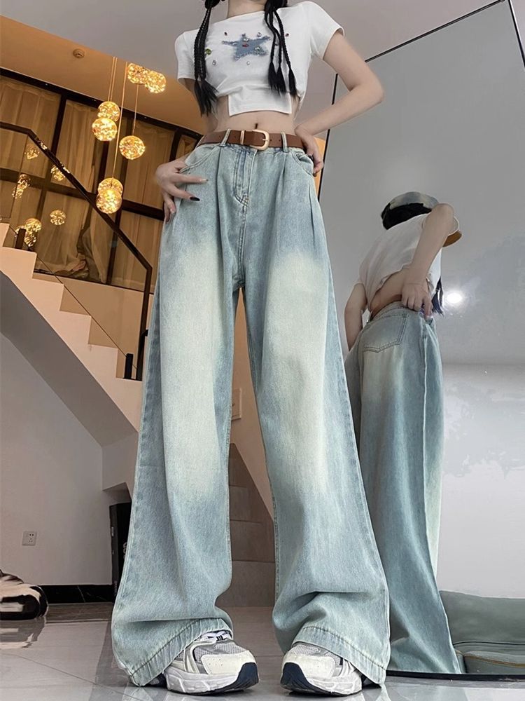 港風復古水洗高腰牛仔褲女秋季新款寬鬆闊腿顯瘦垂感拖地直筒褲子