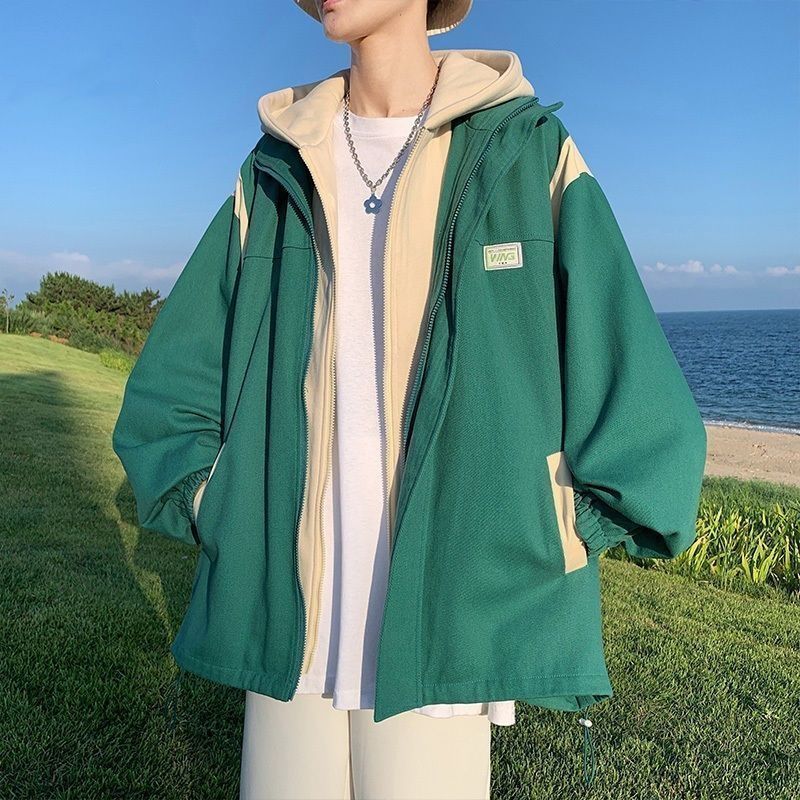 Men's hooded jacket, new trendy brand clothing, loose patchwork top, spring and autumn casual vacation two-piece_voghion.com