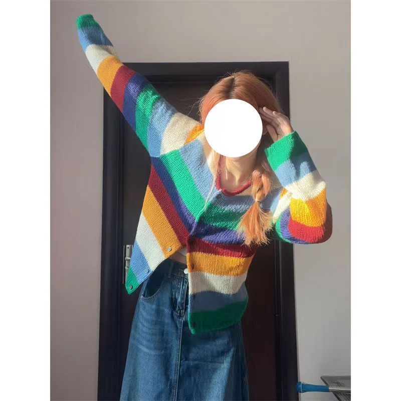 彩虹條紋毛衣女復古撞色開衫學院風寬鬆圓領針織衫上衣春秋新款潮