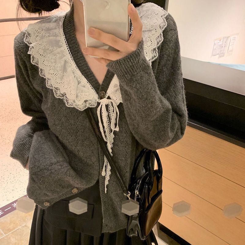 深灰色長袖蕾絲花邊針織衫女春秋季日系溫柔風設計感開衫毛衣外套
