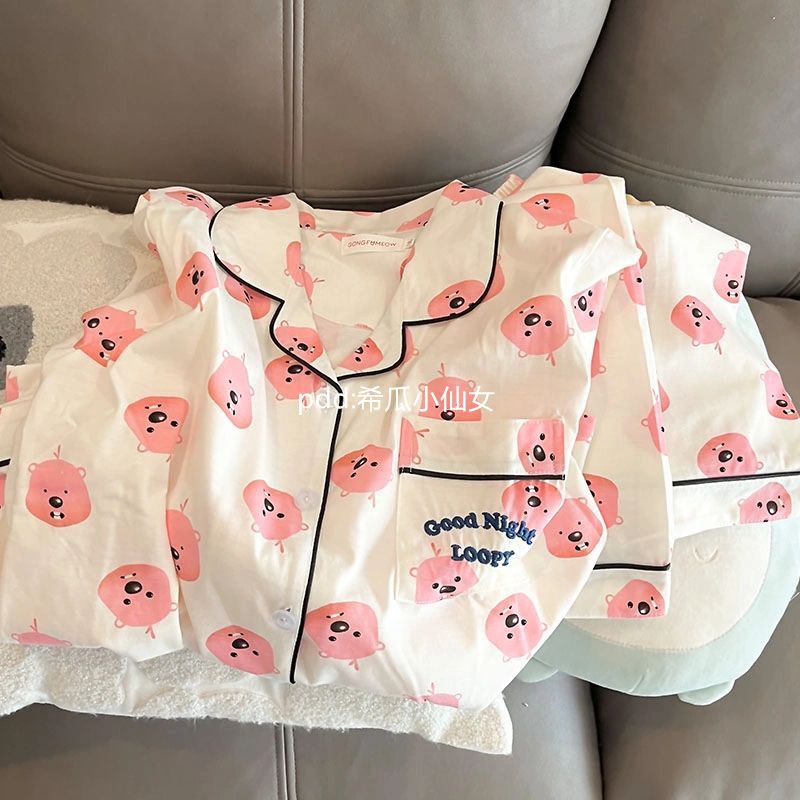 日系露比loopy睡衣女春秋季新款可愛海狸卡通長袖長褲家居服套裝