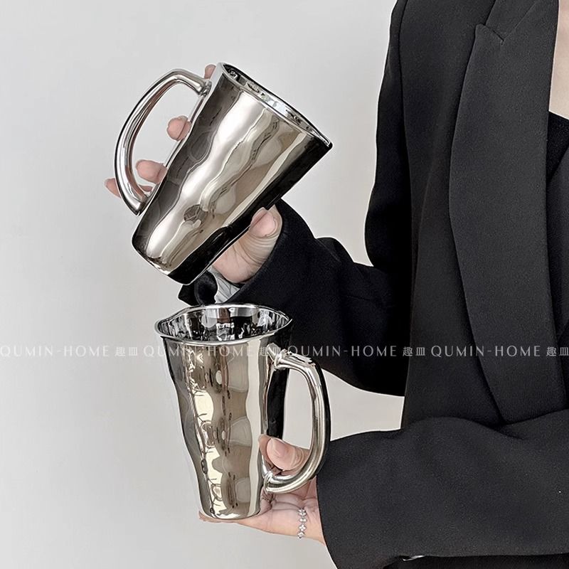 Qumin 个性独特镭射银带把杯不规则波纹马克杯创意高颜值镭射水杯