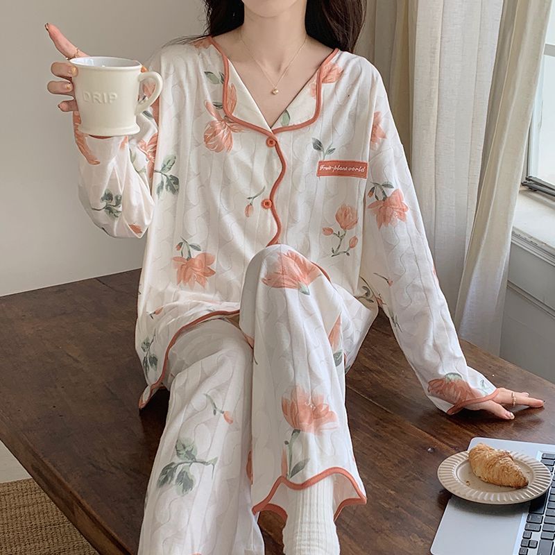 2023睡衣女春秋季長袖開衫可愛學生網紅套裝冬天家居月子服可外穿