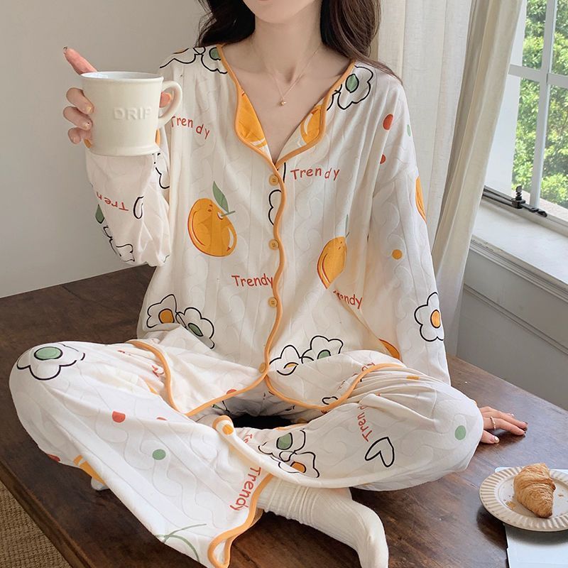 2023睡衣女春秋季長袖開衫可愛學生網紅套裝冬天家居月子服可外穿