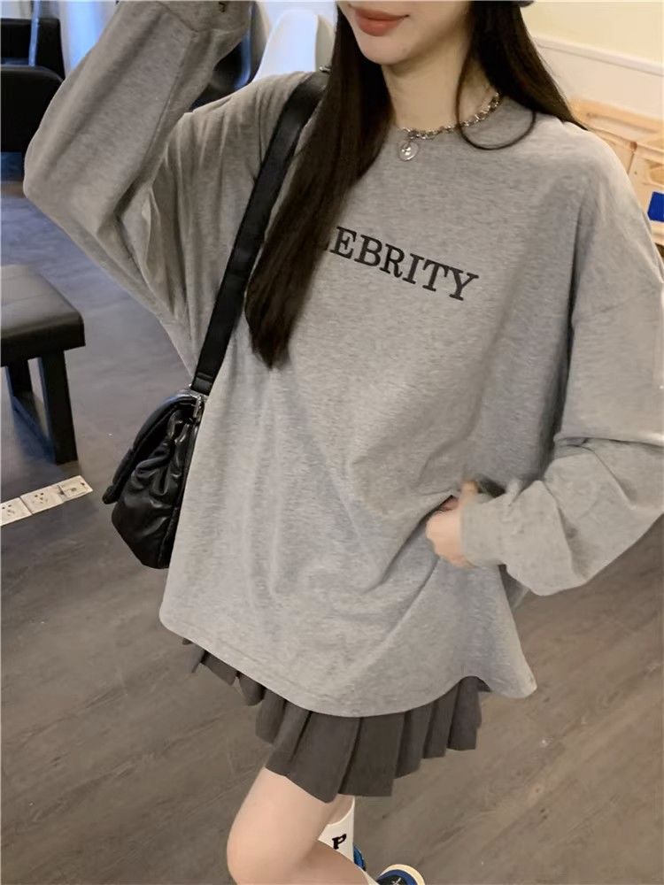 Pure cotton retro printed long-sleeved T-shirt women's ins trend loose lazy casual mid-length thin early autumn top
