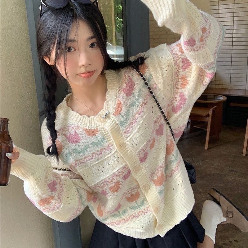 鬱金香日系毛衣女秋冬寬鬆慵懶風復古溫柔設計感小眾軟糯開衫外套