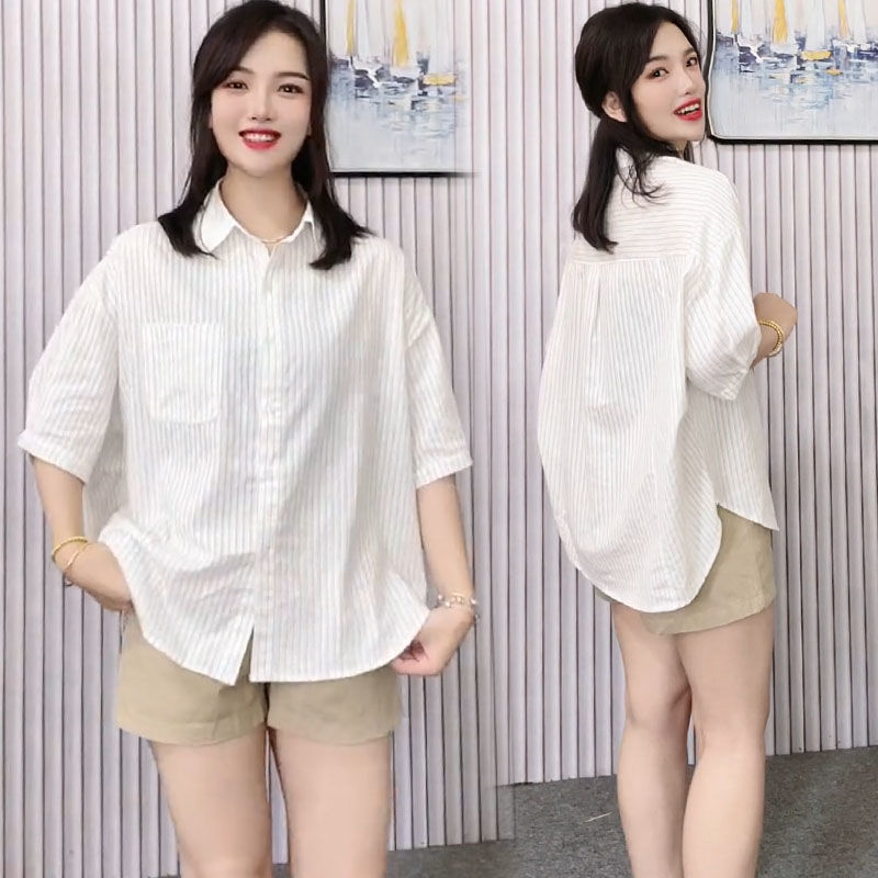 藍海奕諾條紋寬鬆中袖棉襯衫女2023夏秋新款顯瘦休閒遮肚小眾襯衣