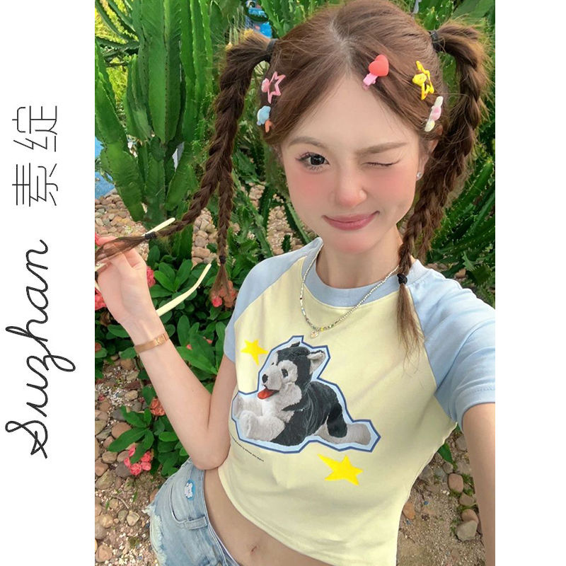 新款創意小狗印花插肩袖純棉短袖t恤衫正肩辣妹顯瘦短款露臍上衣