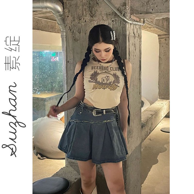 y2k千禧美式辣妹復古無袖工字背心女夏百搭短款高腰露臍吊帶上衣