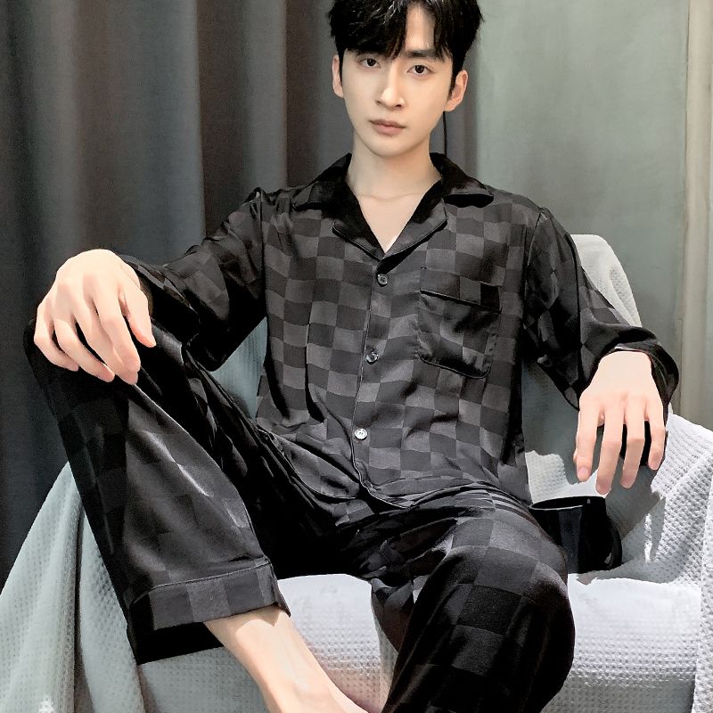 新款男士睡衣男春秋季冰絲長袖長褲薄款絲綢加大碼夏天家居服套裝