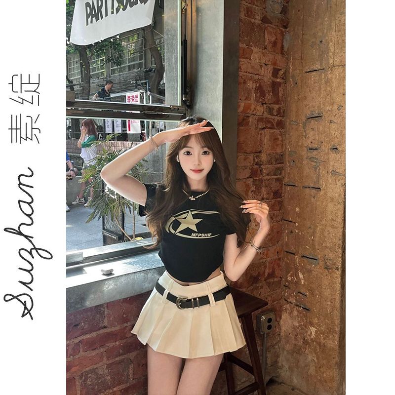 黑色純棉美式星星印花短袖t恤女夏季不規則弧形下擺辣妹短款上衣