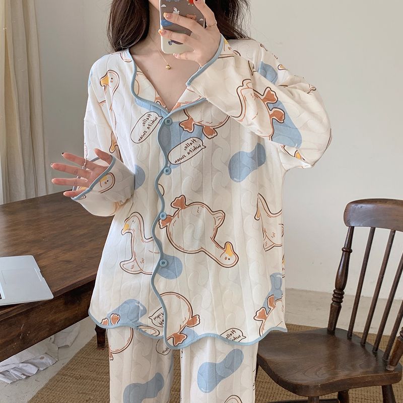 2023睡衣女春秋季長袖開衫可愛學生網紅套裝冬天家居月子服可外穿