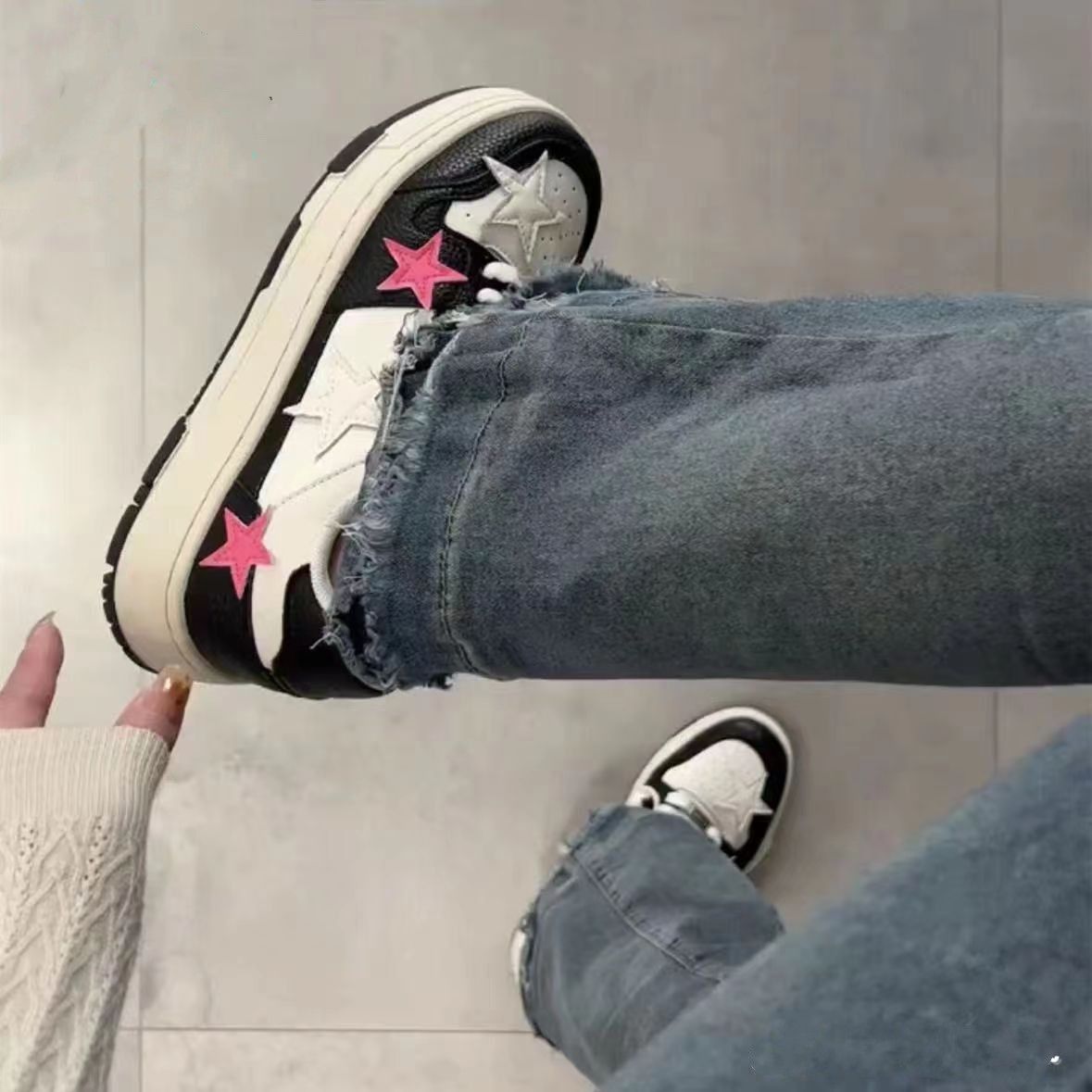 高顏值板鞋女韓版ins撞色厚底小眾設計粉色星星鞋百搭休閒小白鞋