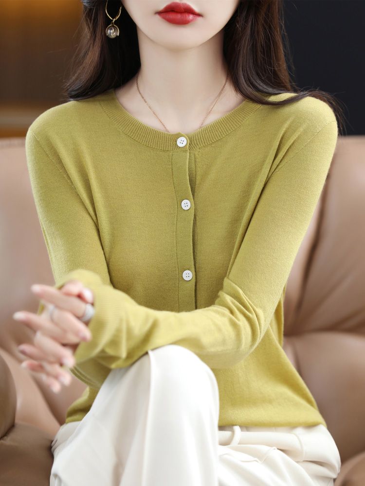 羊毛針織開衫外套女寬鬆圓領薄款毛衣純色簡約外搭高端超柔上衣女