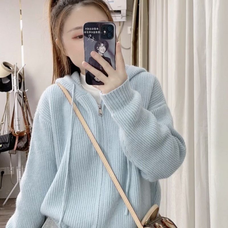 純色連帽毛衣女秋冬季新款加厚保暖寬鬆版拉鏈開衫上衣外套女裝