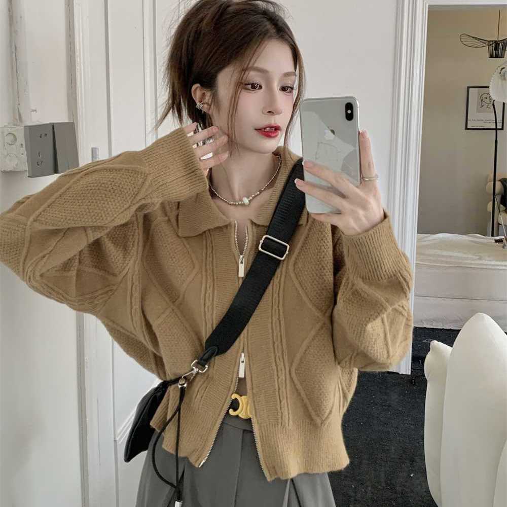 polo領拉鏈毛衣開衫外套女短款春秋新款韓版寬鬆設計感小眾針織衫