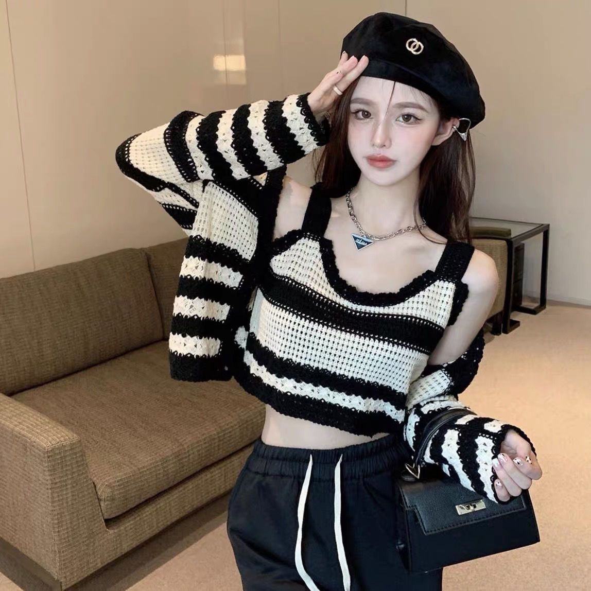 條紋針織開衫女設計感小眾純欲風辣妹短款上衣夏秋別致吊帶兩件套