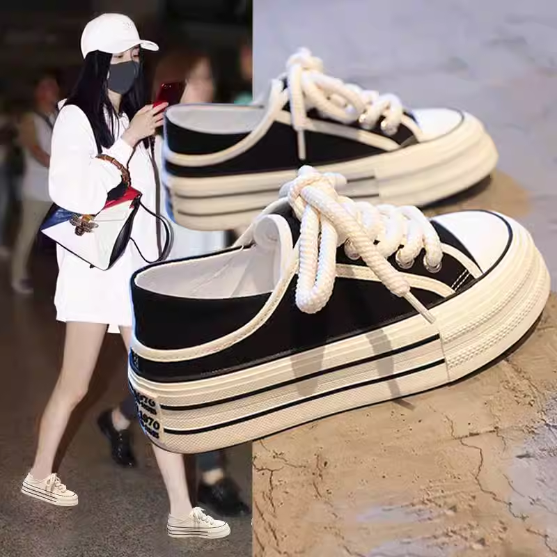 厚底增高兩穿踩跟帆布鞋女2023夏季新款小眾百搭懶人一腳蹬小白鞋